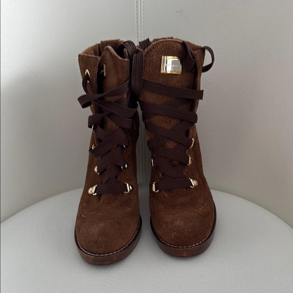 Dolce & Gabbana Brown Suede Boots with logo Accents 37/5